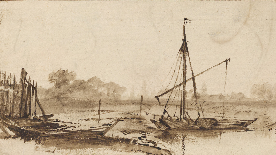 Rembrandt van Rijn, Dutch, 1606-1669, ‘Landscape with Canal and Boats,’ (circa 1655), pen and brown ink with brown wash, 4 1/16 by 8in. The Peck collection, Ackland Art Museum, University of North Carolina at Chapel Hill, 2017.1.67