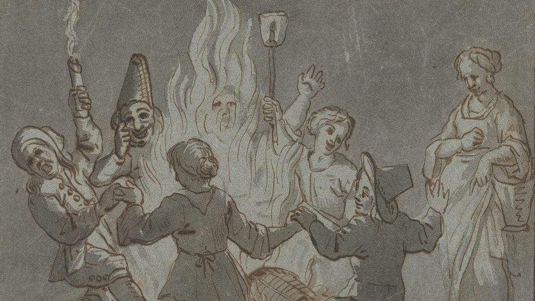  Pieter van Laer, attributed to, Dutch, 1599-after 1642, ‘Figures Dancing Around a Fire,’ (circa 1625-30), pen and brown ink and gray wash on blue paper, 9 1/8 by 11 ¼in. The Peck collection, Ackland Art Museum, University of North Carolina at Chapel Hill, 2020.3