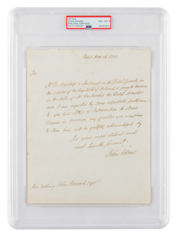 1783 letter written in Paris by John Adams to John Hancock during negotiations to end the revolution, estimated at $35,000-$45,000