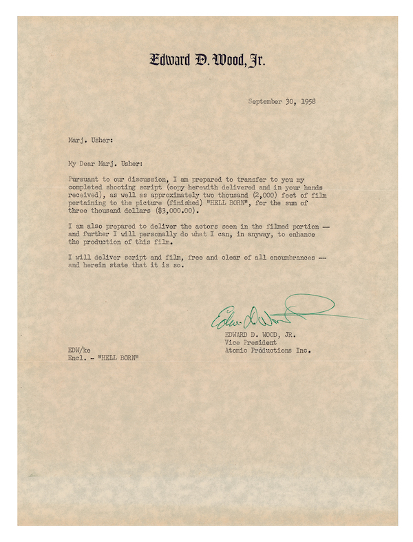 Single-page 1958 letter signed by director Ed Wood, est. $2,000-$4,000