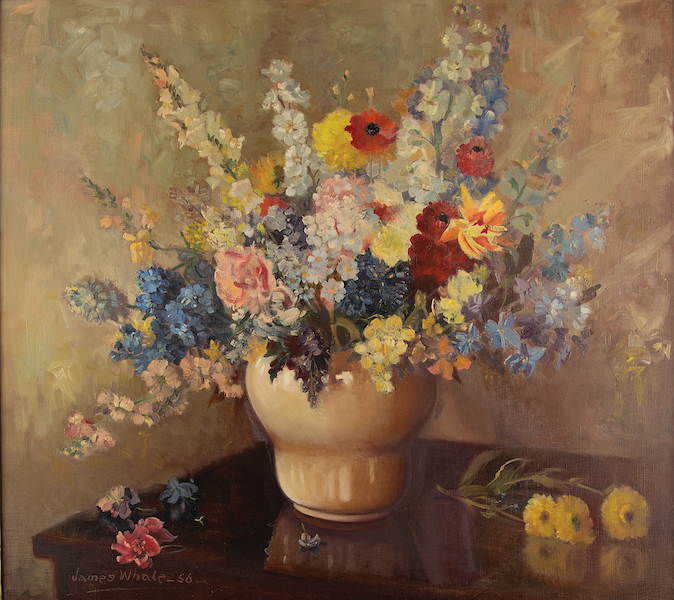 1956 floral still life painted by horror movie director James Whale, est. $2,000-$4,000