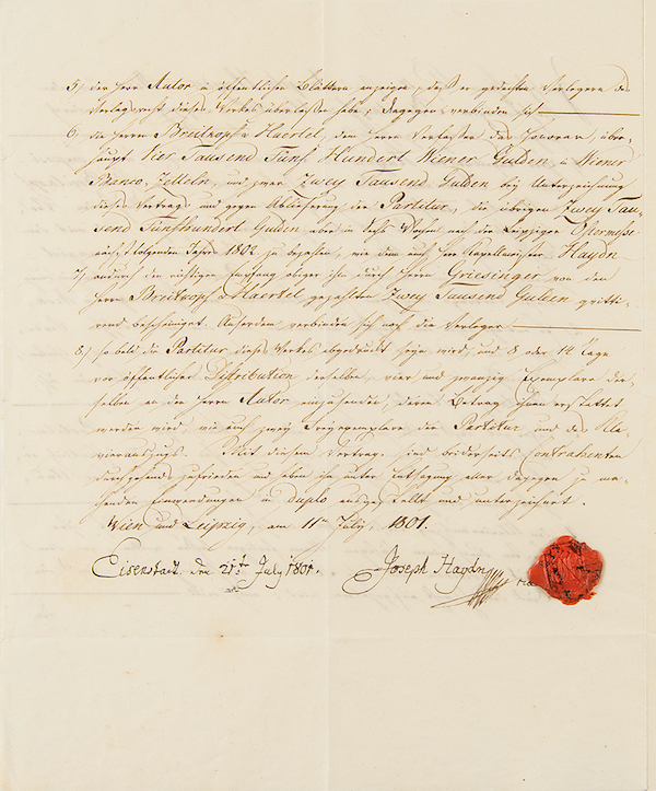 Double-sided single-page signed 1801 manuscript by Franz Joseph Haydn, est. $60,000-$80,000