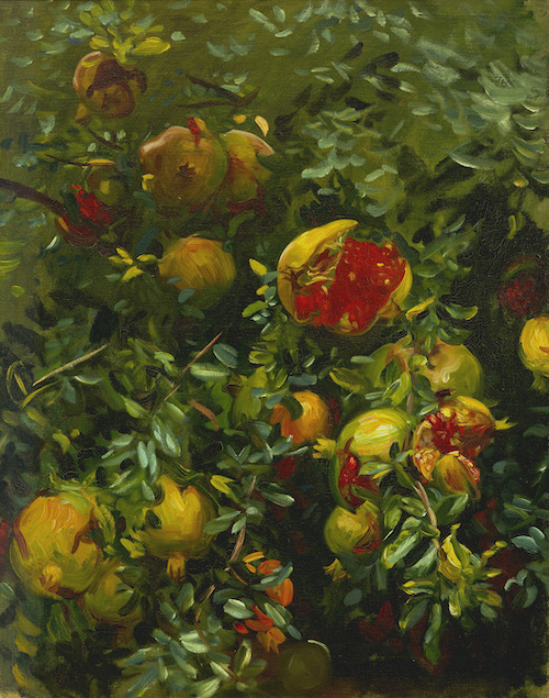 John Singer Sargent, ‘Pomegranates,’ 1908. Watercolor over graphite, with gouache, on paper. Overall: 53.82 by 36.67cm (21 3/16 by 14 7/16in.), framed: 90.96 by 70.64 by 3.65cm (35 13/16 by 27 13/16 by 1 7/16in.) Brooklyn Museum, purchased by special subscription 09.832 