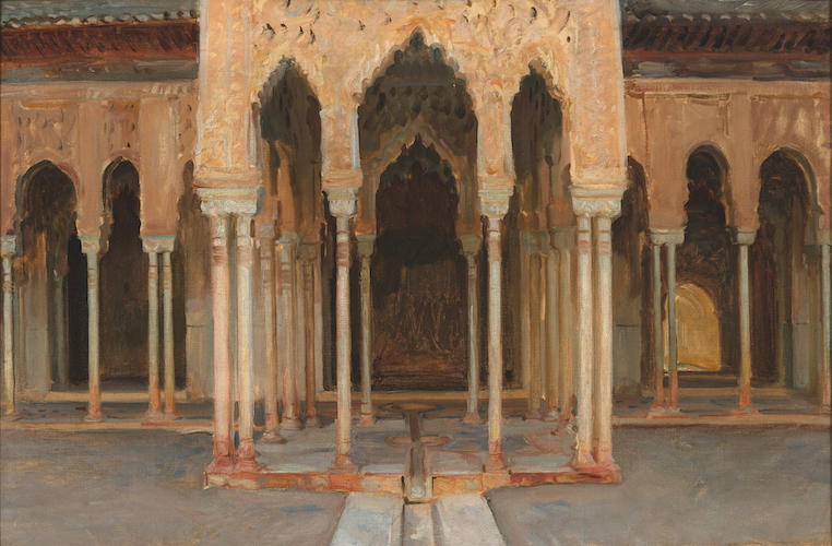 John Singer Sargent, ‘Alhambra, Patio de Los Leones (Court of the Lions),’ 1895. Oil on canvas. Framed: 74.17 by 101.6 by 7.62cm (29 3/16 by 40 by 3in.), original canvas: 47.63 by 80.01cm (18 3/4 by 31 1/2in.) Private collection 