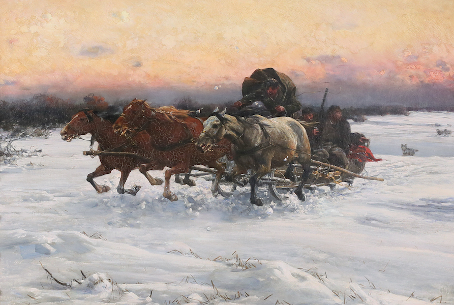 Alfred Kowalski winter scene of a troika chased by wolves, estimated at $40,000-$60,000