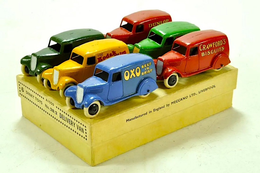 This circa-1935 Dinky pre-war No.28/2 trade box (A1009), including six delivery vans, achieved $11,505 plus the buyer’s premium in August 2019. Image courtesy of M&M Auctions and LiveAuctioneers.