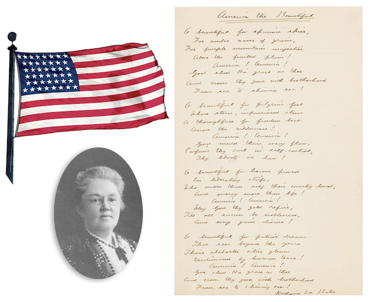 Handwritten lyrics to ‘America the Beautiful’ signed by its author, Katharine Lee Bates, estimated at $15,000-$17,000