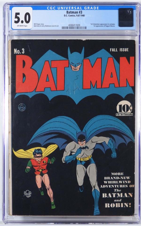 D.C. Comics Batman #3 from Fall 1940, featuring the first appearances of both Catwoman in costume and the Puppet Master, estimated at $2,000-$4,000