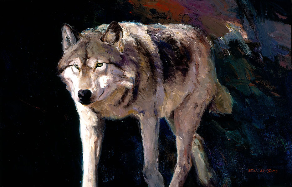 Ken Carlson (United States, b. 1937-), ‘Wolf,’ 1988. Oil on board. 23 by 35in. JKM Collection®, National Museum of Wildlife Art. © Ken Carlson