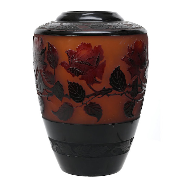Signed D’Argental French cameo art glass vase, estimated at $2,500-$4,500