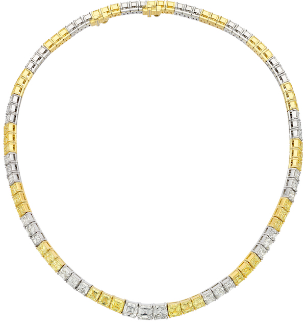 Platinum and 18K gold necklace with almost 50 carats’ worth of Asscher-cut yellow and white diamonds, estimated at $80,000-$100,000. Image courtesy of Heritage Auctions