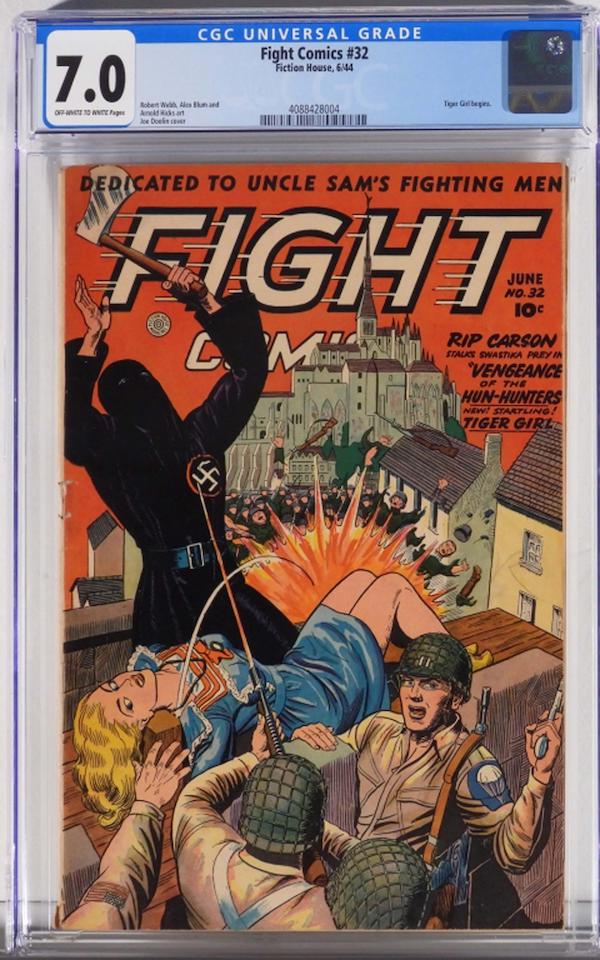 Fiction House Fight Comics #32 from June 1944, featuring a wartime bondage cover by Joe Doolin and the first Tiger Girl story line, estimated at $2,000-$4,000