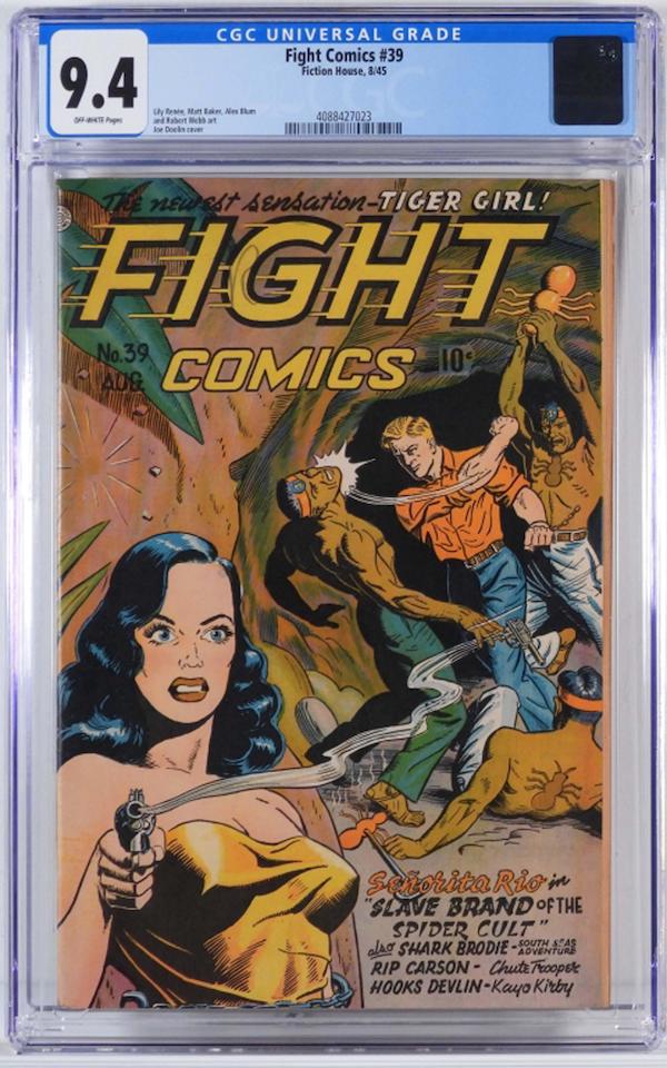  Fiction House Fight Comics #39 from Aug. 1945, with a smoking gun cover ofSenorita Rio by Joe Doolin, estimated at $2,000-$4,000