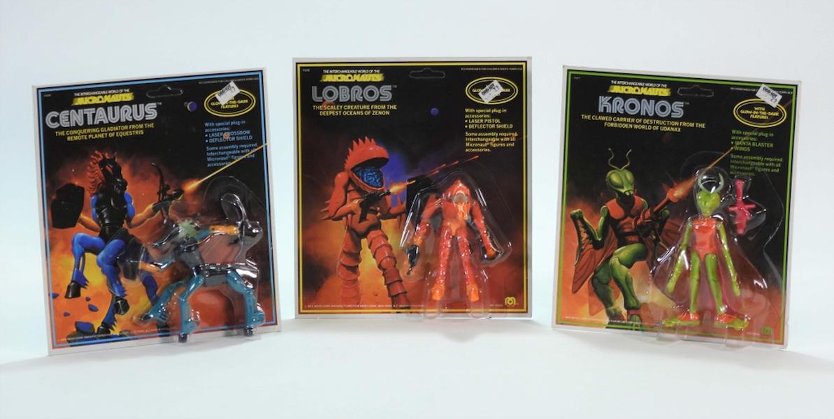 Three-piece American set including the 1979 Mego Micronauts series 5 Centaurus, Kronos, and Lobros, est. $800-$1,200