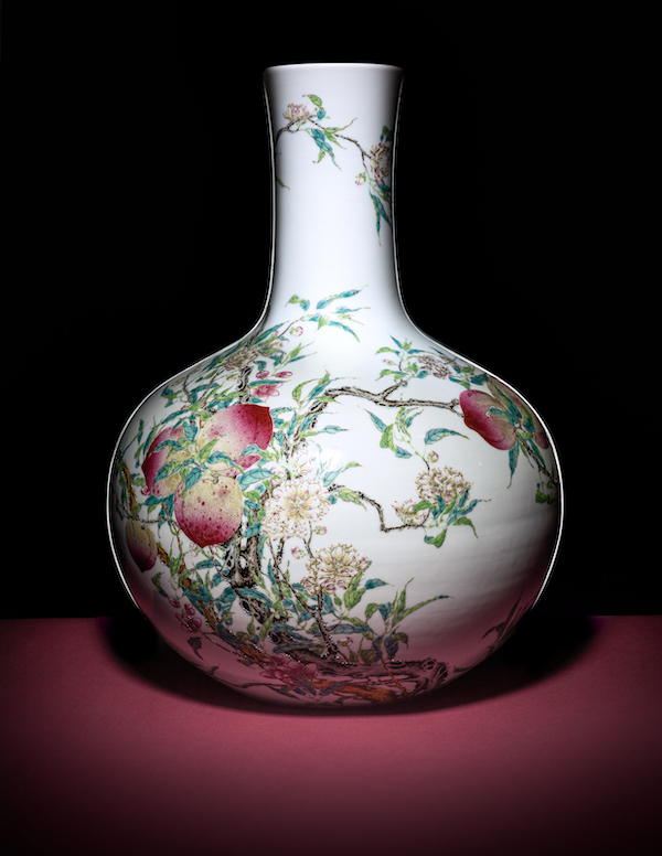 Qianlong-era famille rose Nine Peaches globular bottle vase, estimate upon request