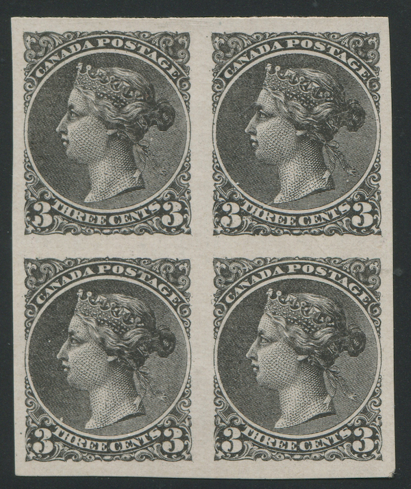  Canada #37E-Ad 3c dark neutral gray plate essay mint block of four stamps, est. $850-$1,000