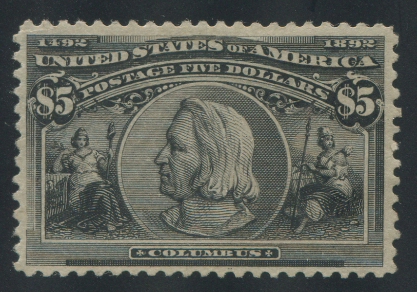  USA 1893 #245 $5 black mint stamp, est. $600-$700