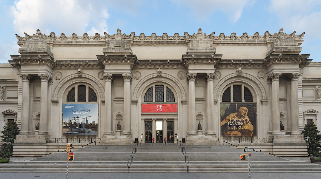The facade of the Metropolitan Museum of Art in New York, photographed in September 2019. A state law passed in August requires museums to post signs that identify works looted by Nazis between 1933 and 1945. The Met has identified 53 such works in its collection. All were acquired after they were returned to their owners or heirs, but Met officials announced an intention to label them regardless. Image courtesy of Wikimedia Commons, photo credit Hugo Schneider. Shared under the Creative Commons Attribution Share-Alike 2.0 Generic license.