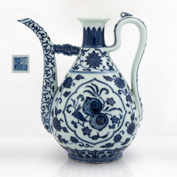Chinese Ming-style blue and white ewer with the mark and period of Qianlong, est. $50,000-$80,000