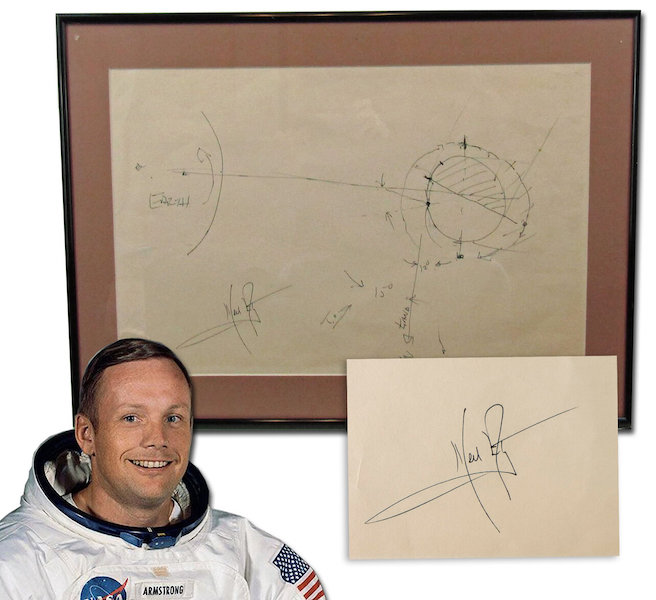 Circa-1990 sketch hand-drawn and signed by astronaut Neil Armstrong, depicting important elements of the Apollo XI moon landing, estimated at $90,000-$110,000