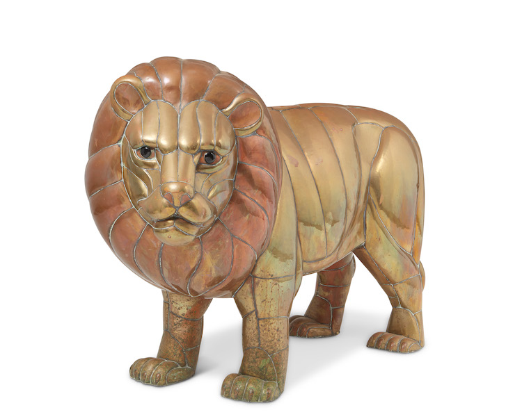 Copper and brass lion sculpture attributed to Sergio Bustamante, $3,575