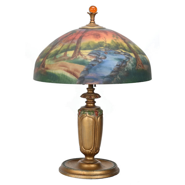 Table lamp attributed to Pittsburgh with a 24 by 17in reverse painted and frosted texture shade, estimated at $750-$1,250