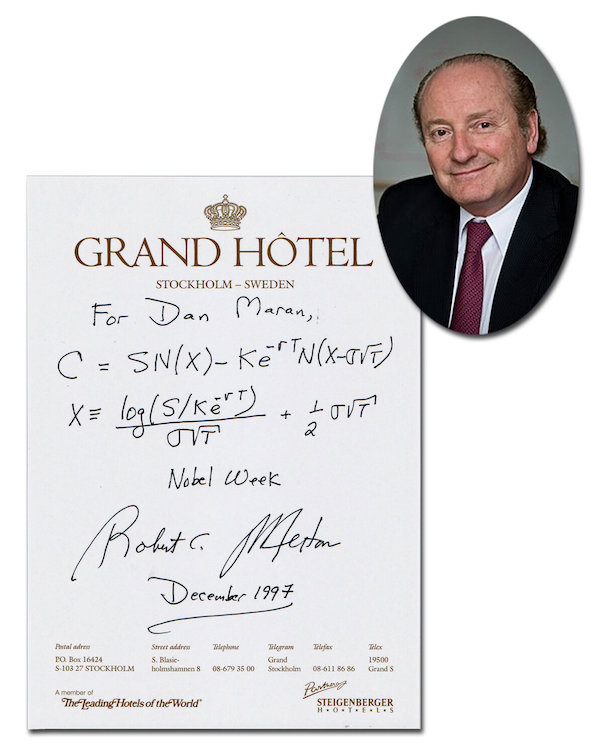 Black-Scholes-Merton formula handwritten and signed by Nobel Prize-winning economist Robert C. Merton, penned on stationery from Stockholm’s Grand Hotel in Sweden during Nobel awards week, estimated at $45,000-$55,000