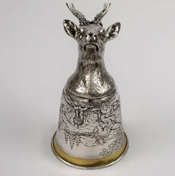 German silver stag head stirrup cup, est. $1,500-$2,000