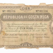 Costa Rican 1865 Cien Pesos (100 pesos) note, est. $2,500-$5,000