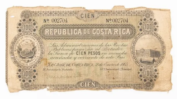 Costa Rican 1865 Cien Pesos (100 pesos) note, est. $2,500-$5,000