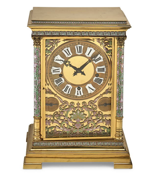 French polished brass and champleve mantel clock, est. $4,000-$6,000