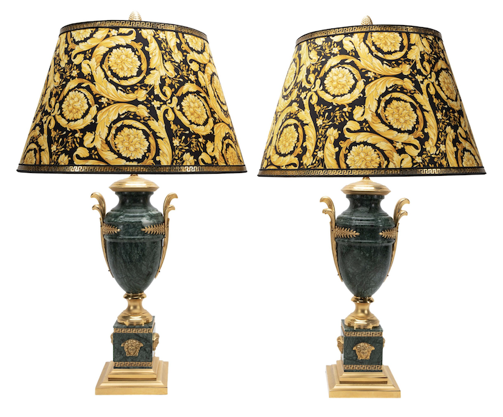 Pair of Versace gilt bronze mounted green marble amphora form urn Leone double socket table lamps, $13,750