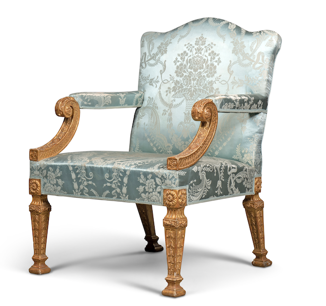 Circa-1740 George II giltwood open armchair, design attributed to William of Kent, possibly by William Linnell, est. £15,000-£25,000. Image courtesy of Christie’s Images Ltd. 2022
