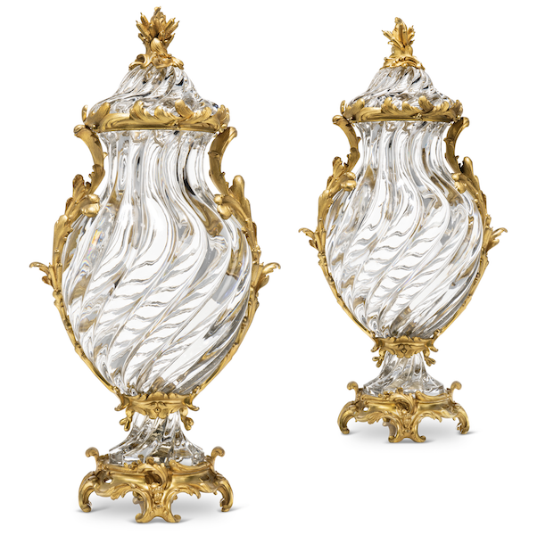 Circa-1900 pair of French ormolu-mounted molded crystal vases and covers by Baccarat, est. £30,000-£50,000. Image courtesy of Christie’s Images Ltd. 2022