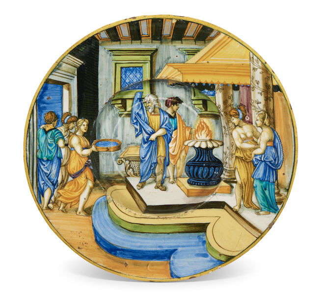 Urbino Maiolica dated Istoriato plate by Francesco Xanto Avelli Da Rovico, est. £60,000-£120,000. Image courtesy of Christie’s Images Ltd. 2022