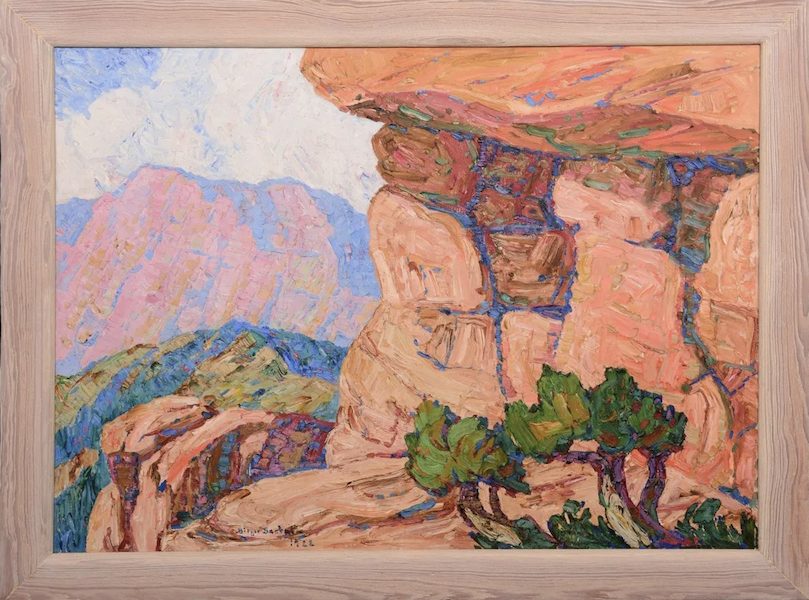 In 1924, following mishandling at an exposition, Birger Sandzen personally repaired his 1922 canvas, dubbed ‘Cedars and Rocks.’ When it was auctioned in February 2018, it attained $160,000 plus the buyer’s premium. Image courtesy of Woody Auction LLC and LiveAuctioneers