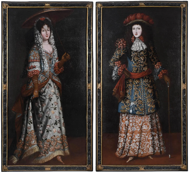 Pair of 17th-century Spanish School portraits of noblewomen clad in extravagant French costumes, estimated at $20,000-$30,000. Image courtesy of Brunk Auctions and LiveAuctioneers