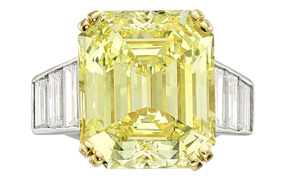 Ring centered on a 17.63-carat Fancy Intense yellow diamond, estimated at $300,000-$400,000. Image courtesy of Heritage Auctions