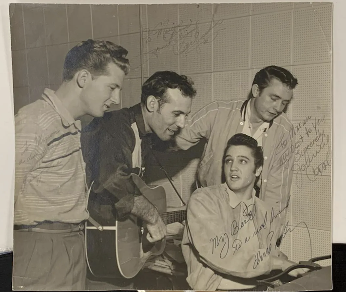 Photograph of Elvis Presley, Carl Perkins, Johnny Cash and Jerry Lee Lewis, signed by all four, estimated at $30,000-$50,000