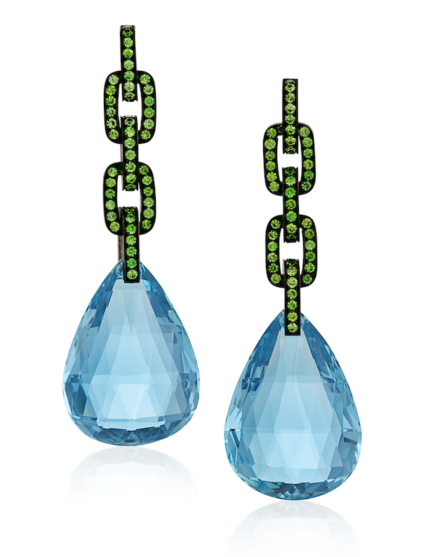 Hemmerle aquamarine and tsavorite garnet earrings, estimated at $15,000-$20,000. Image courtesy of Christie’s Images Ltd. 2022