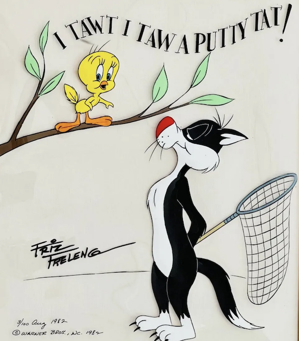 1982 ‘I Tawt I Taw a Putty Tat!’ limited edition cel, number 3 of 100, signed by Fritz Freleng, estimated at $800-$1,000