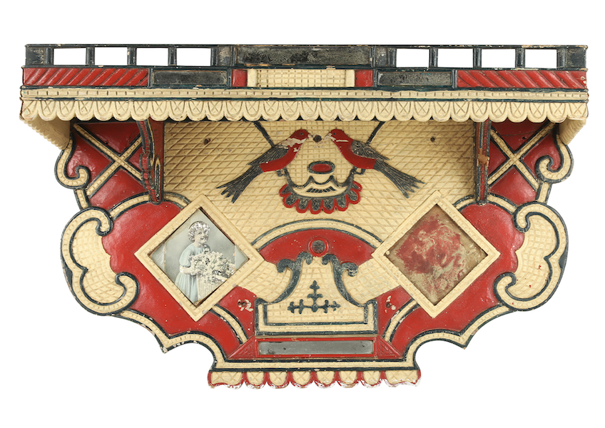 Exuberantly decorated pine shelf in red, black and cream paint, estimated at CA$3,500-$5,000