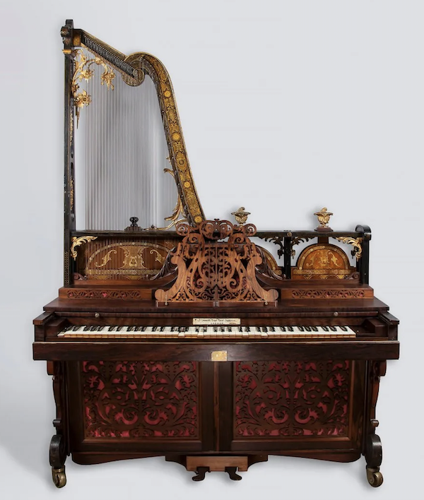 A circa-1845 upright piano with a giraffe-style vertical exposed piano harp achieved £20,000 (about $22,800) plus the buyer’s premium in May 2016. Image courtesy of Dreweatts Donnington Priory and LiveAuctioneers