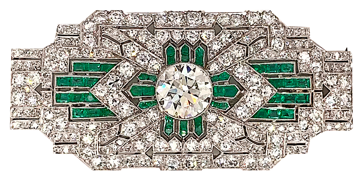 Art Deco platinum, diamond and emerald brooch, estimated at $30,000-$36,000