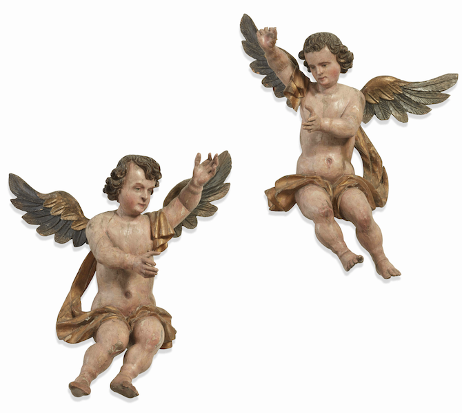 Pair of late 17th- or early 18th-century Continental Baroque polychrome decorated models of putti, estimated at $2,500-$3,000