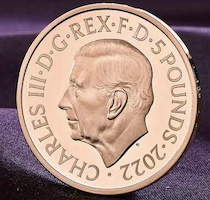 On September 30, the British Royal Mint unveiled the first coins that feature a portrait of King Charles III. Shown here is a 5-pound coin; a 50-pence coin picturing the monarch will enter circulation in December. Also, on October 3, a coin memorializing his late mother, Queen Elizabeth II, will be released. Image courtesy of the Royal Mint