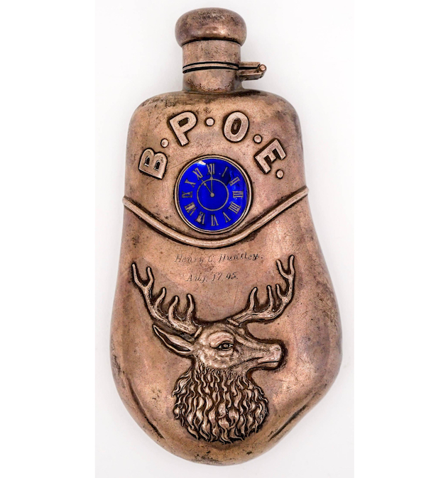 B.P.O.E. Elks Lodge sterling silver flask in the shape of an elk’s tooth, estimated at $400-$600