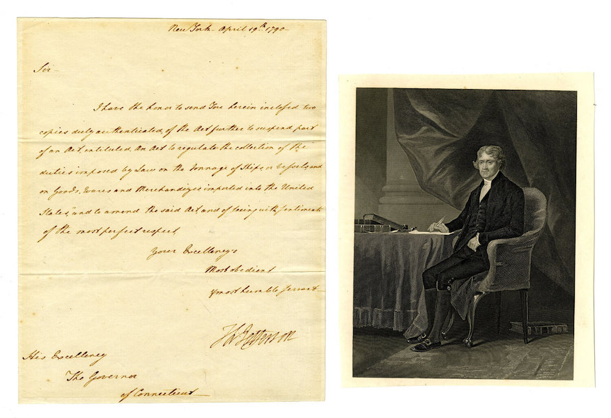Secretary of State Thomas Jefferson’s signed 1790 letter to Samuel Huntington, Governor of Connecticut, regarding the suspension of part of the 1789 Revenue Act, estimated at $15,000-$20,000