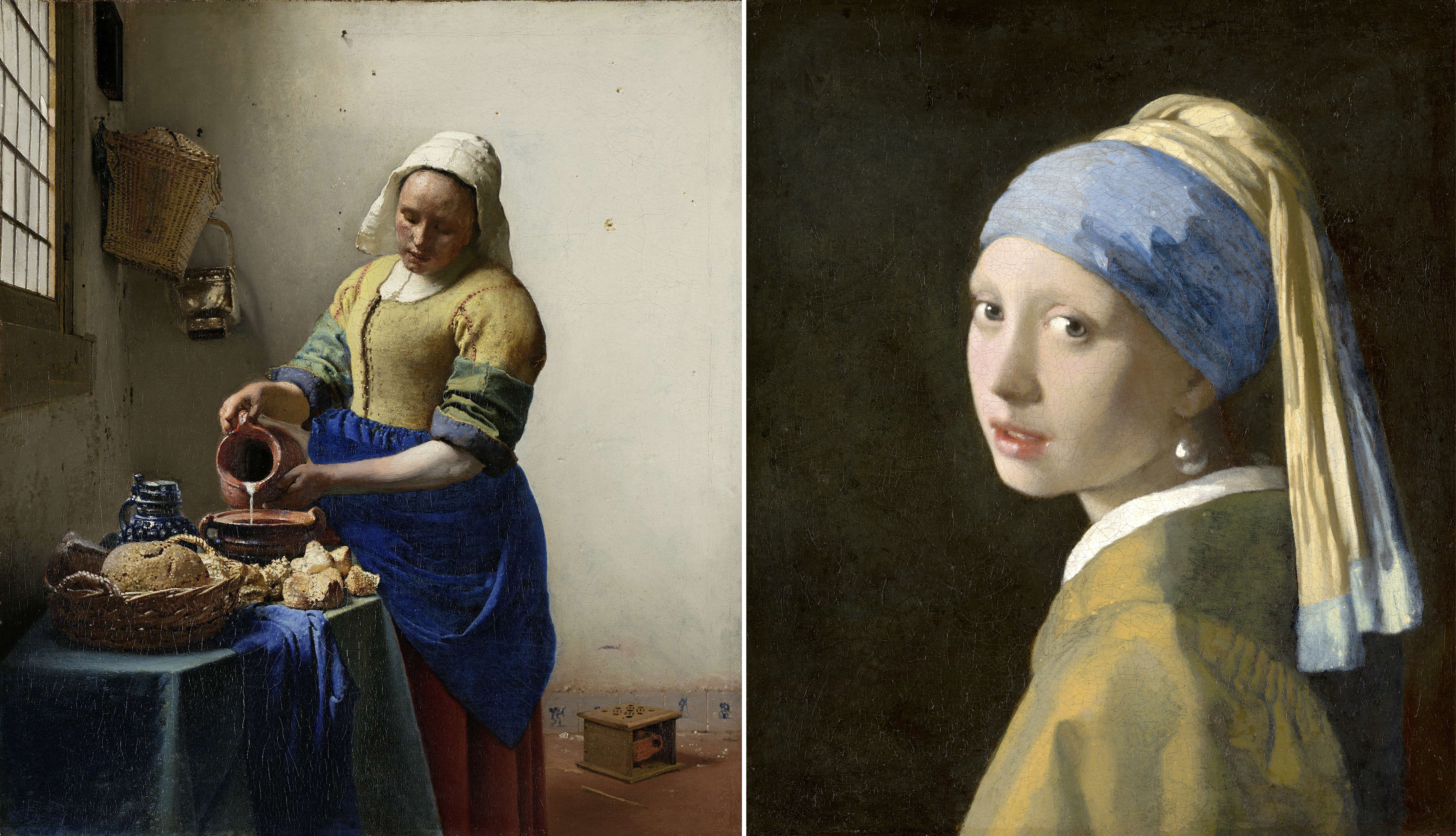 Left, Johannes Vermeer, ‘The Milkmaid,’ circa 1660; right, Johannes Vermeer, ‘The Girl with a Pearl Earring,’ 1665. Both works will appear in a blockbuster show opening in February 2023 at the Rijksmuseum in Amsterdam that will feature 27 of the 35 known works by Vermeer. Images courtesy of the Rijksmuseum
