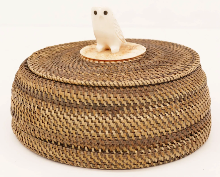 This large owl-cover baleen basket, attributed to Eunice Hank (Inupiaq), realized $5,500 plus the buyer’s premium in December 2020. Image courtesy of MBA Seattle Auction and LiveAuctioneers.
